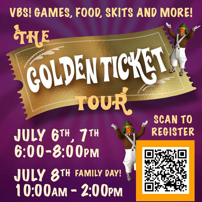 Register today for a Willie Wonka themed event! Games, lessons, skits, treats and more! Sunday, July 8th is for the whole family to enjoy. 
Registration: 
ccvero.org/events/the-golden-ticket-tour/
Questions: kids@ccvero.org